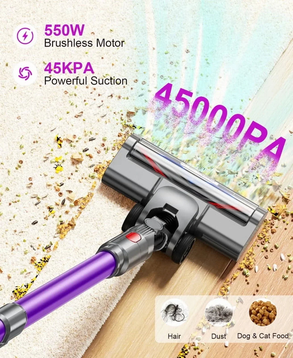 Nouveauté 2026 – Aspirateur sans fil Hosaud - 45 000 Pa, 550 W, 55 min d'autonomie, 2 600 mAh - Léger et idéal pour la maison, les poils d'animaux, les tapis et les sols (violet