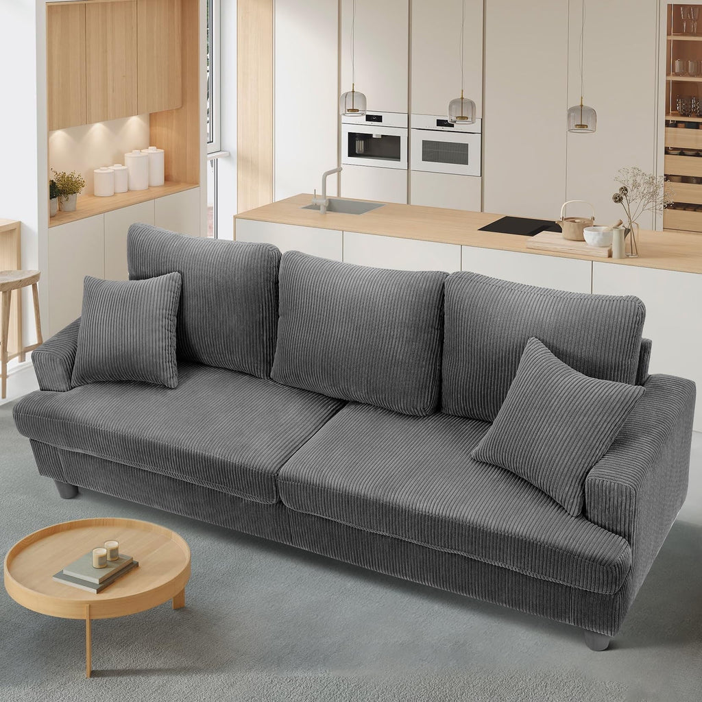 Nouveauté 2026 – Canapé 3 places en velours côtelé 221 cm (87 pouces), avec assises extra profondes, confortable et rembourré, idéal pour le salon. Comprend 2 coussins et est disponible en vert