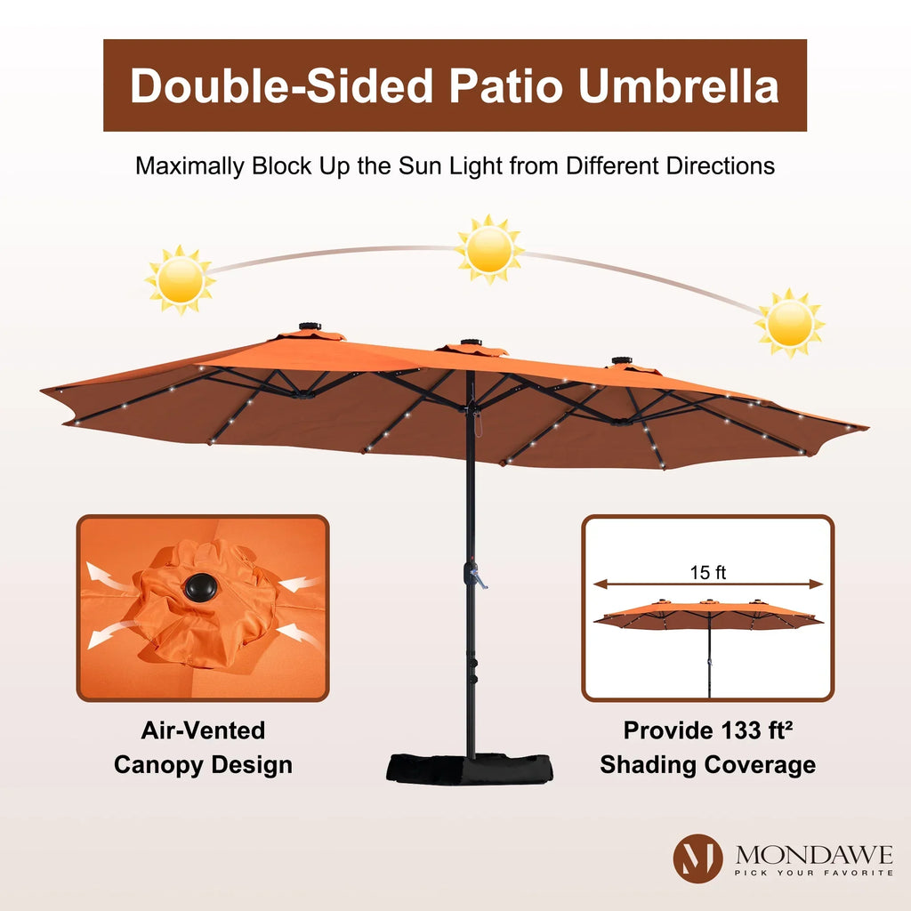 Nouveauté 2026 – Parasol rectangulaire Mondawe 4,57 m (15 pi) avec base et éclairage LED beige