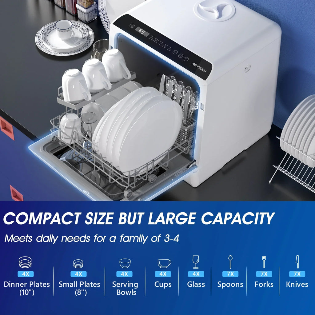 Nouveauté 2026 – Lave-vaisselle portable de comptoir AIRMSEN avec réservoir d'eau intégré de 5 litres et fonction de séchage à l'air, 5 programmes de lavage, mini lave-vaisselle, AE-TDQR03
