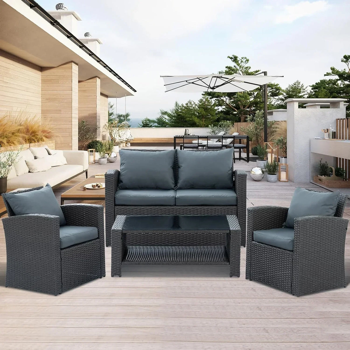 Nouveauté 2026 – Ensemble de mobilier de patio 7 pièces , canapé d'angle en rotin PE, ensemble de conversation avec coussins et table basse en verre, pour balcon, pelouse et jardin, gris