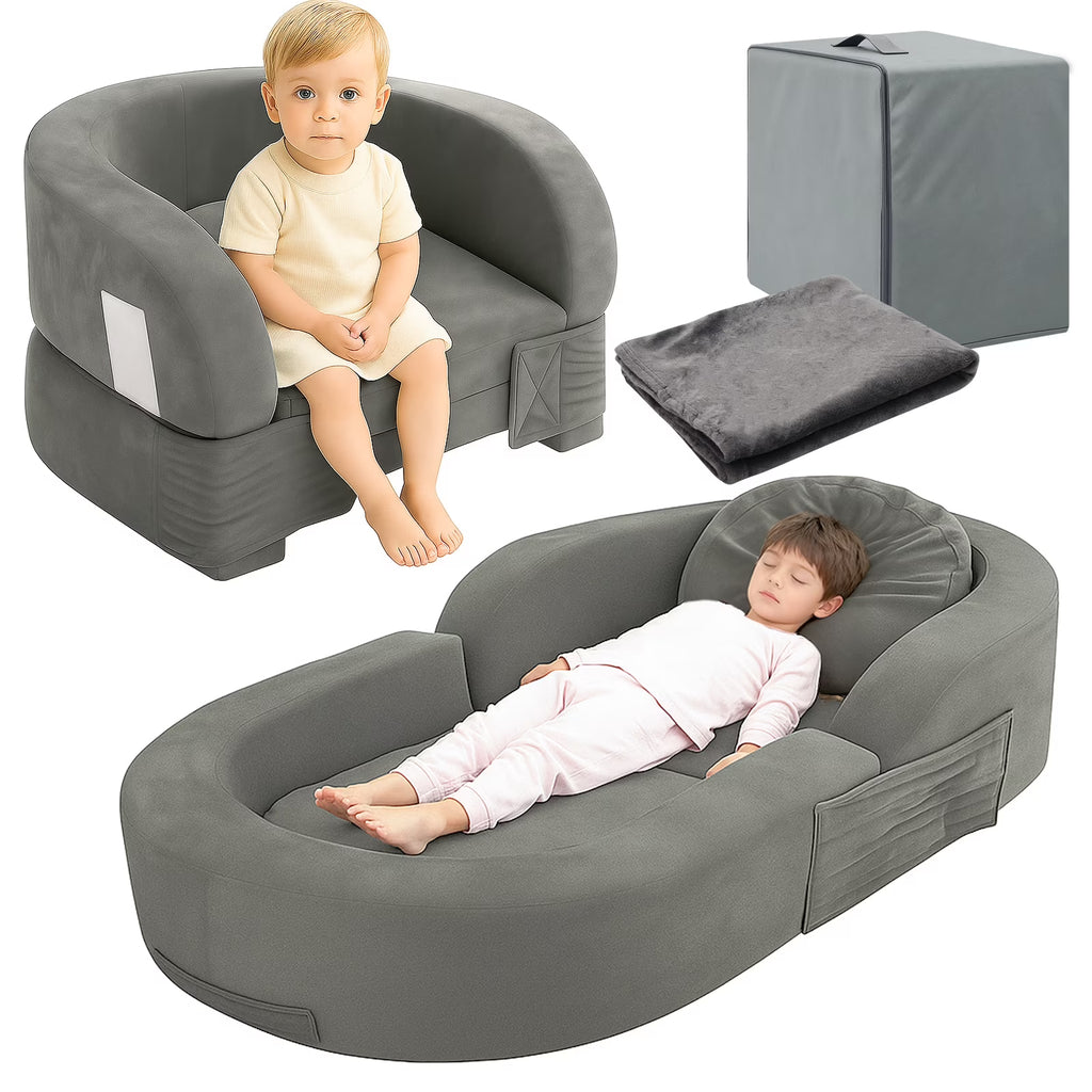 Nouveauté 2026 – Lit de voyage pour tout-petits Coumy 2-en-1 avec housse amovible, matelas pliable et portable en mousse souple, sac de transport inclus, bleu