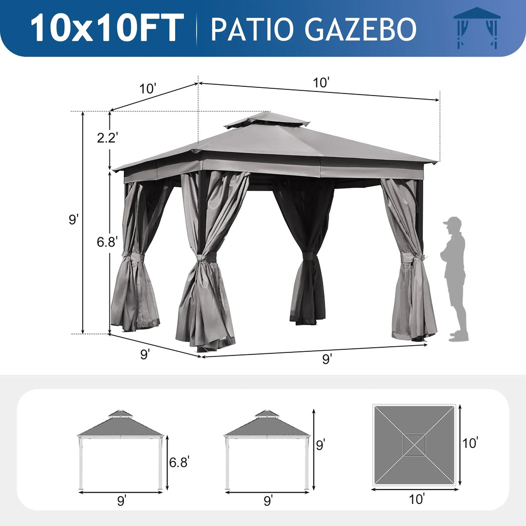 Nouveauté 2026 – Gazebo d'extérieur 10'x10', gazebo de patio avec moustiquaire et écrans d'intimité pour cour arrière, jardin, pelouse et terrasse, gris