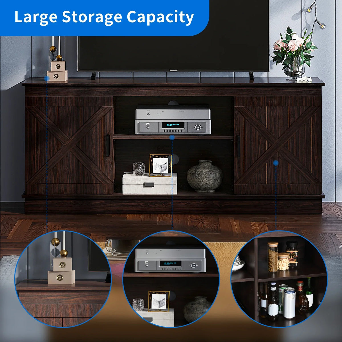 Nouveauté 2026 – Meuble TV Dextrus Farmhouse pour téléviseur 65 pouces, centre multimédia pour salon, meuble console TV, gris délavé