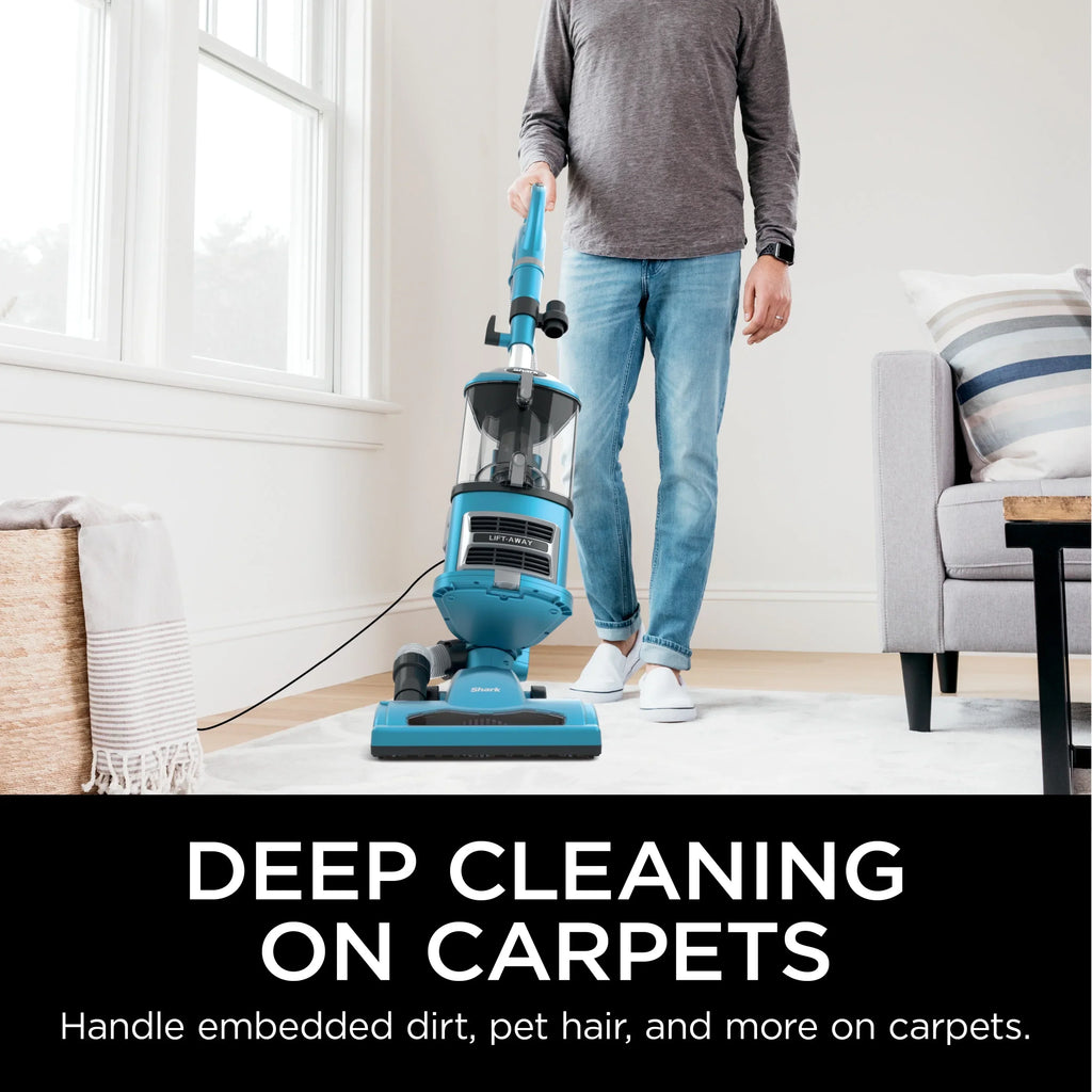 Nouveauté 2026 – Aspirateur vertical Shark Navigator Lift-Away : aspiration puissante, sans sac, pour sols durs et moquettes, grand bac à poussière, filtre HEPA, direction pivotante, suceur plat et brosse pour tissus d'ameublement, NV380, bleu