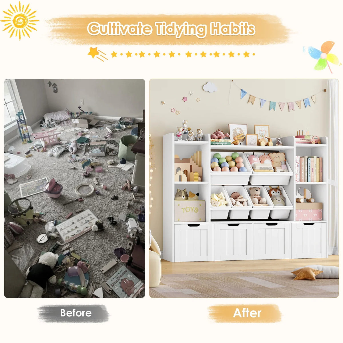 Nouveauté 2026 – Bibliothèque enfant Hiphuta à 3 niveaux avec rangement pour jouets, en bois, composée de 6 boîtes et 4 tiroirs amovibles, blanche