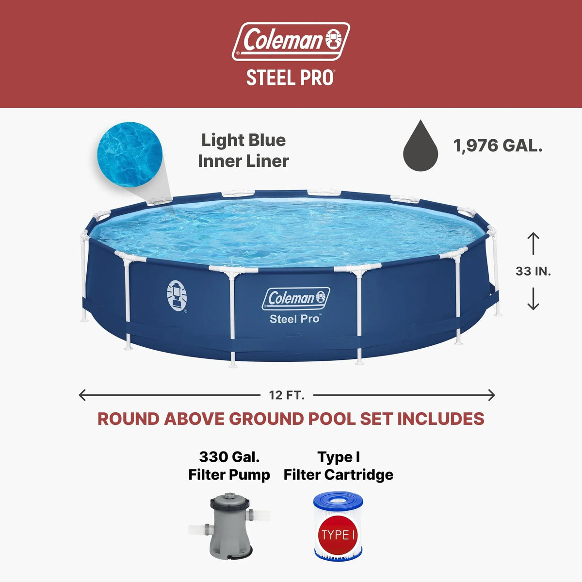 Nouveauté 2026 – Piscine hors sol ronde à structure métallique Coleman Steel Pro 12 pi x 33 po