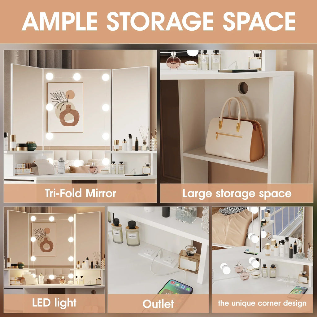 Nouveauté 2026 – Coiffeuse d'angle en placage bois blanc avec miroir et lumière, table de maquillage avec 4 tiroirs et station de recharge pour chambre à coucher