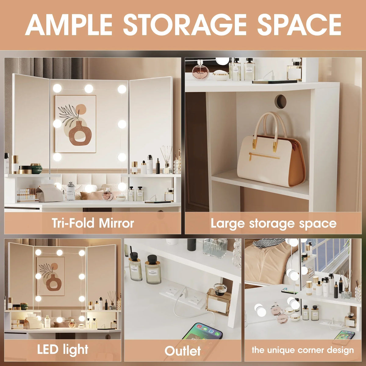 Nouveauté 2026 – Coiffeuse d'angle en placage bois blanc avec miroir et lumière, table de maquillage avec 4 tiroirs et station de recharge pour chambre à coucher