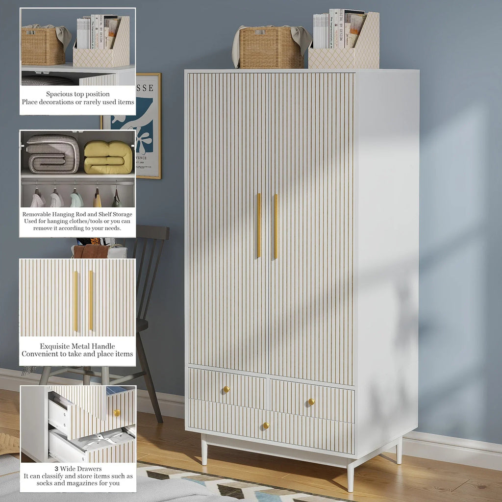 Nouveauté 2026 – Armoire-penderie Armoire , meuble de rangement avec tiroirs et penderie pour chambre à coucher, blanc