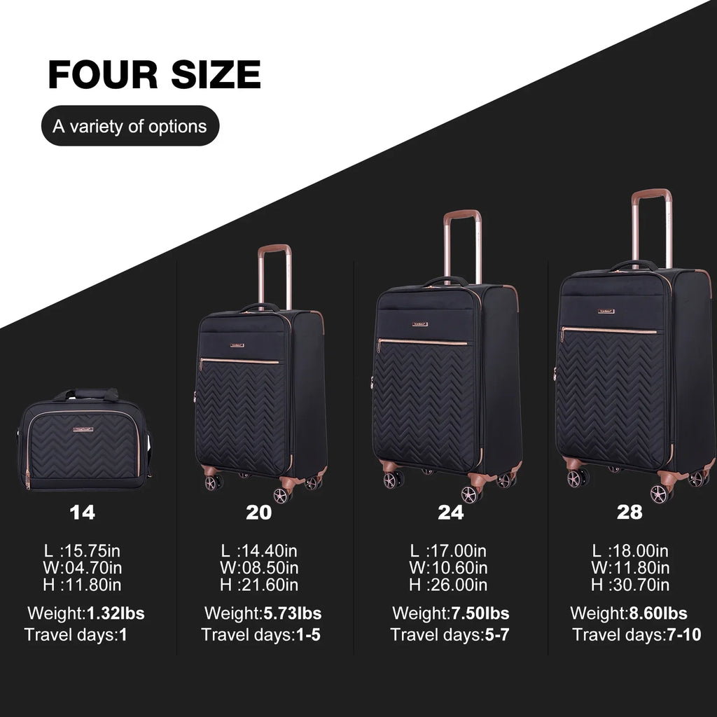 Nouveauté 2026 – Ensemble de 4 bagages Travelhouse : valise souple extensible et légère avec doubles roulettes multidirectionnelles (noir