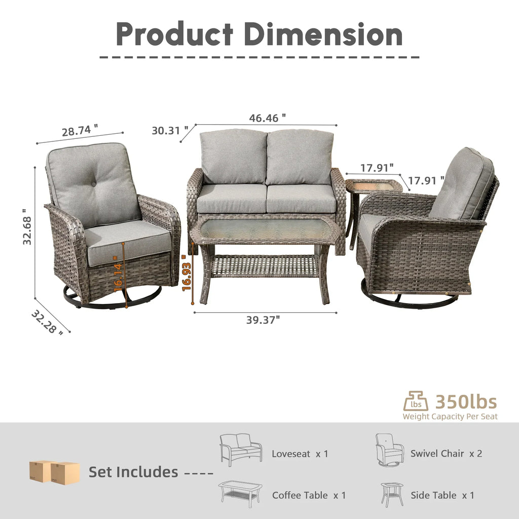 Nouveauté 2026 – Ensemble de mobilier de jardin 5 pièces Ovios , comprenant fauteuils pivotants et table basse, en résine tressée résistante aux intempéries, gris foncé
