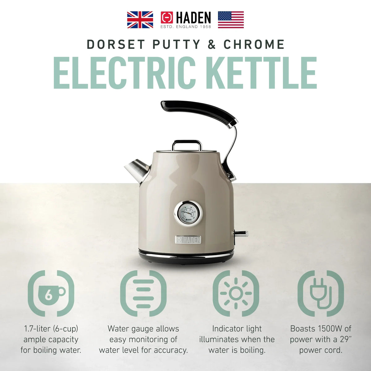 Nouveauté 2026 – Bouilloire électrique Haden Dorset 1,7 litre avec socle, mastic et chrome