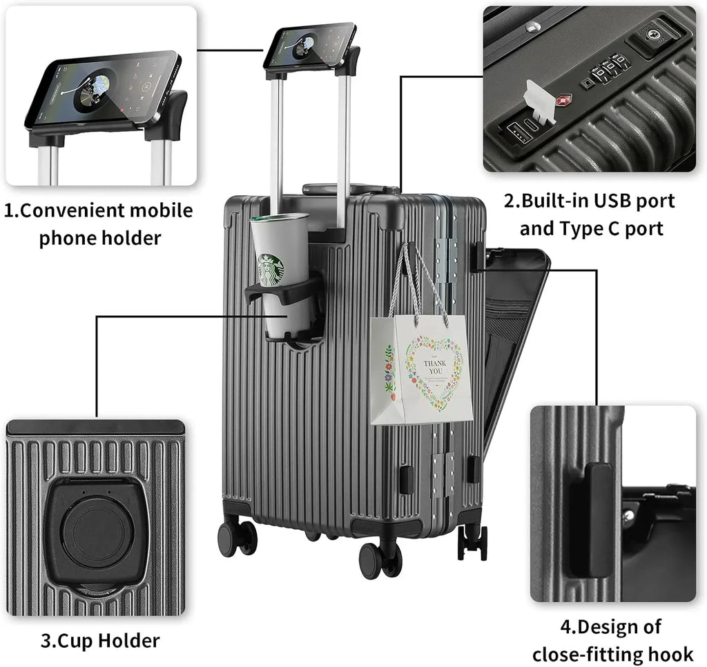 Nouveauté 2026 – Nouvelle valise cabine avec port de chargement USB, compartiment avant, serrure TSA, valise rigide cabine approuvée par les compagnies aériennes avec roulettes multidirectionnelles (grise, 20 pouces