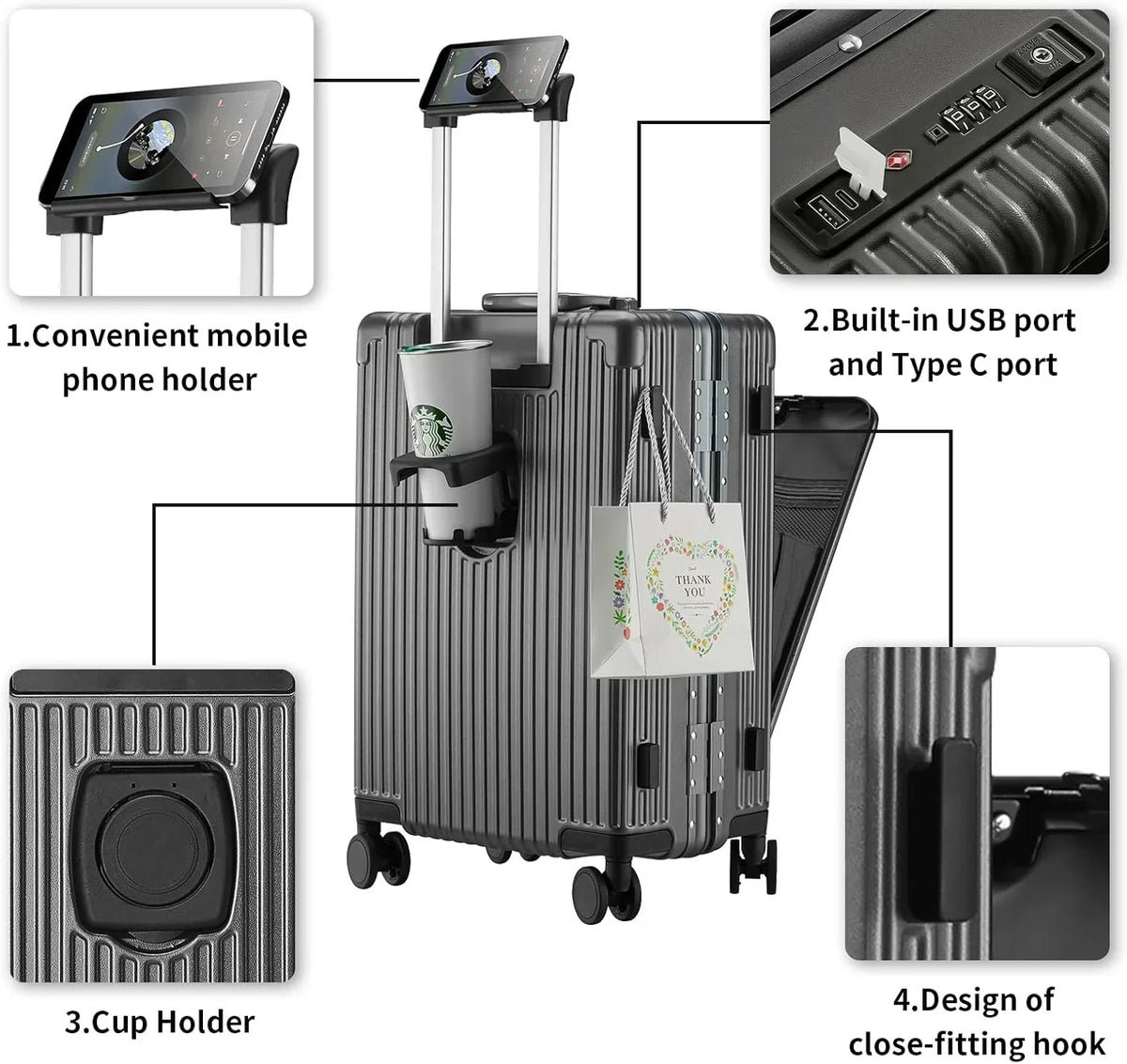 Nouveauté 2026 – Nouvelle valise cabine avec port de chargement USB, compartiment avant, serrure TSA, valise rigide cabine approuvée par les compagnies aériennes avec roulettes multidirectionnelles (grise, 20 pouces