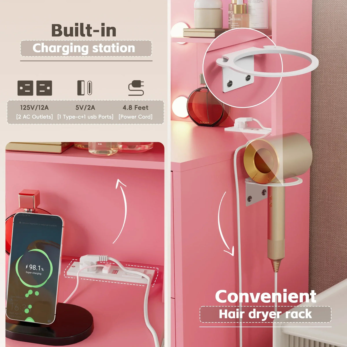 Nouveauté 2026 – Coiffeuse Lacoo avec miroir et éclairage LED, meuble de maquillage avec 7 tiroirs et 4 étagères, table de toilette avec prise électrique pour chambre ou dressing, blanche