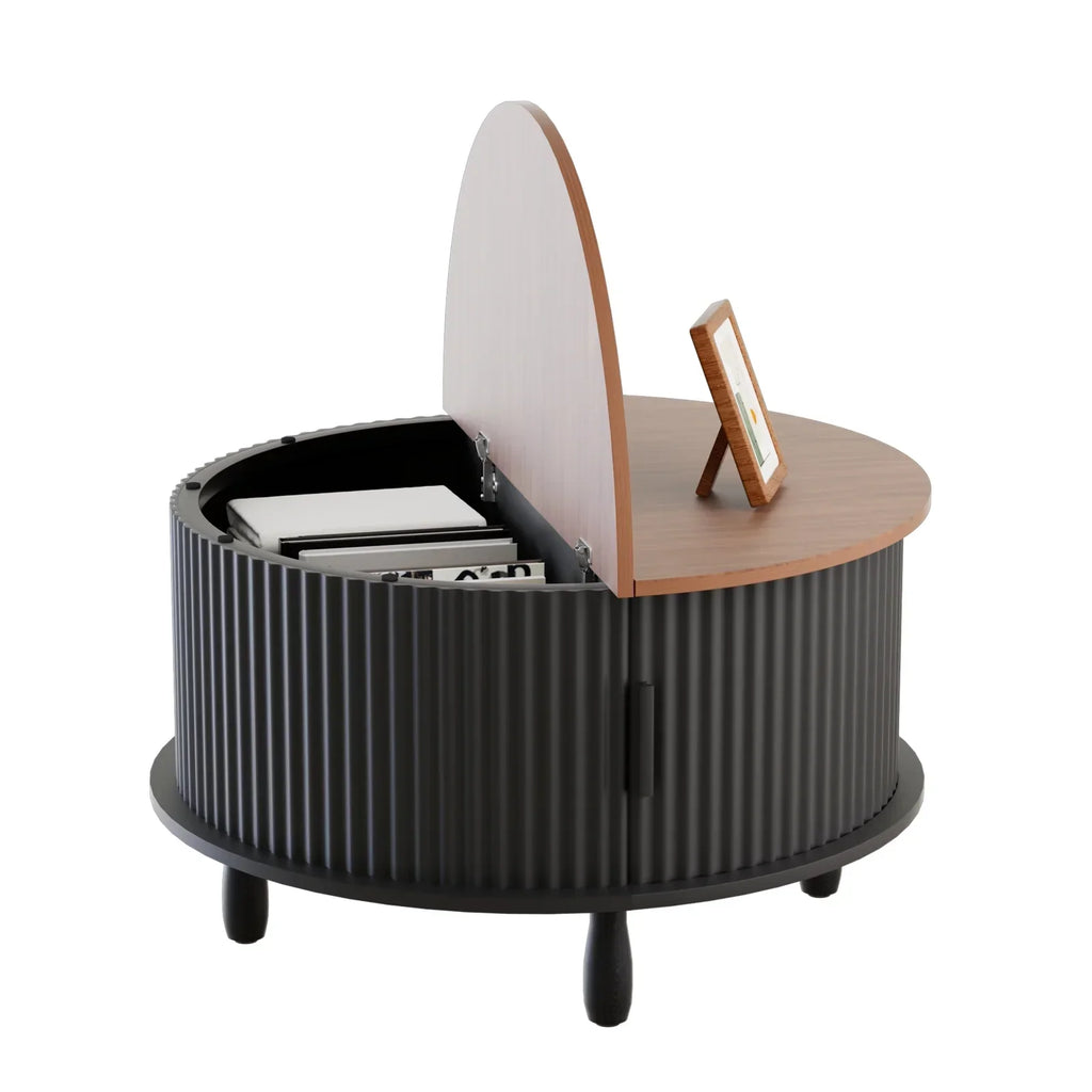 Nouveauté 2026 – Table basse ronde RUMLIVE avec rangement, table basse moderne de 78 cm avec porte coulissante incurvée à 360°, table basse en bois cannelé avec patins, table centrale ronde pour salon, noire