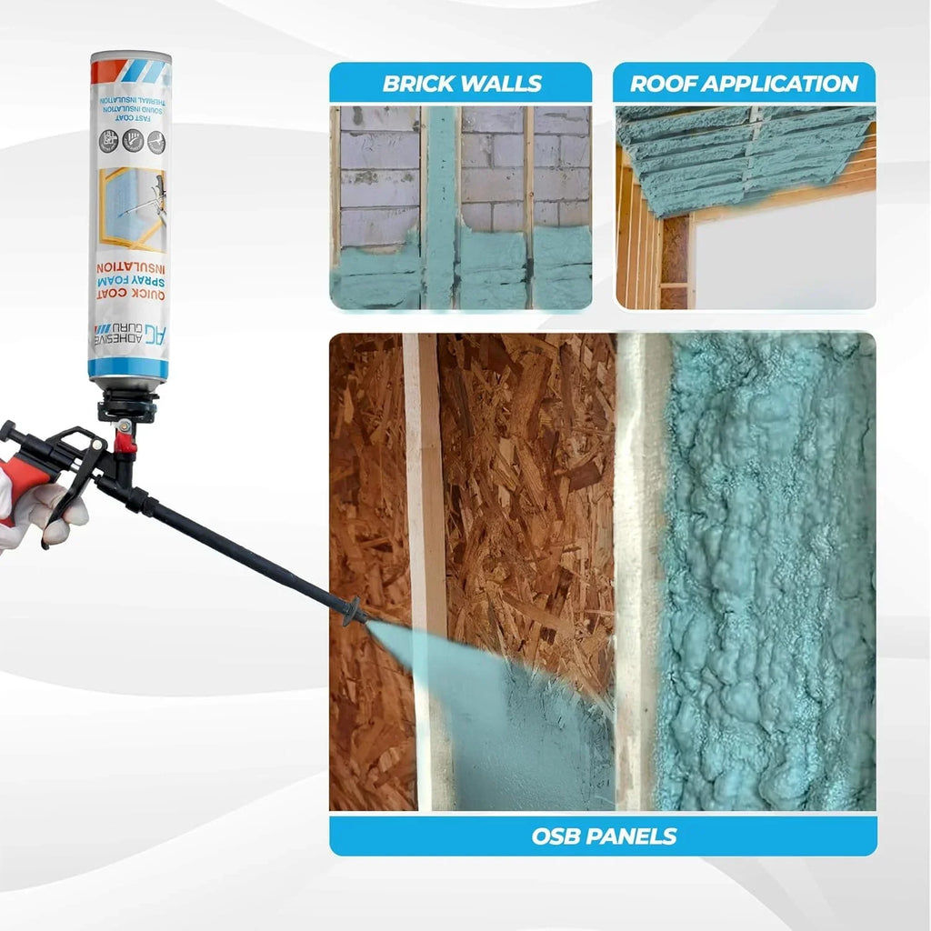 Nouveauté 2026 – Kit d'isolation en mousse expansive Adhesive Guru (18 x 930 g - 360 pieds-planche), mousse adhésive auto-expansible, isolation thermique et acoustique à cellules fermées, avec nettoyant et pistolet applicateur - paquet de 18