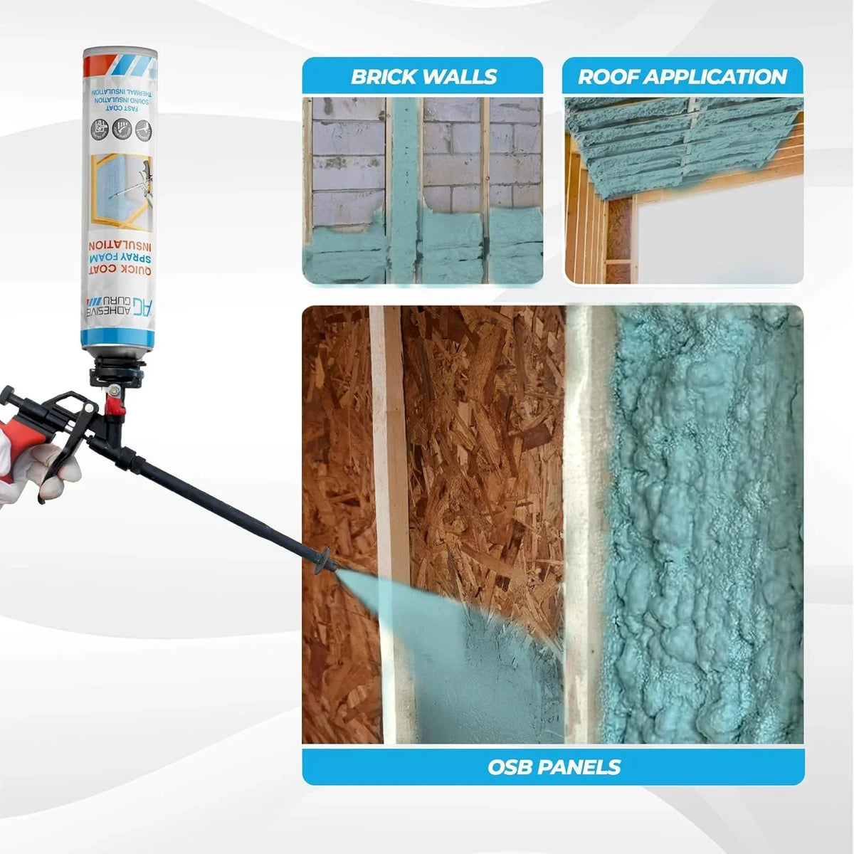Nouveauté 2026 – Kit d'isolation en mousse expansive Adhesive Guru (18 x 930 g - 360 pieds-planche), mousse adhésive auto-expansible, isolation thermique et acoustique à cellules fermées, avec nettoyant et pistolet applicateur - paquet de 18