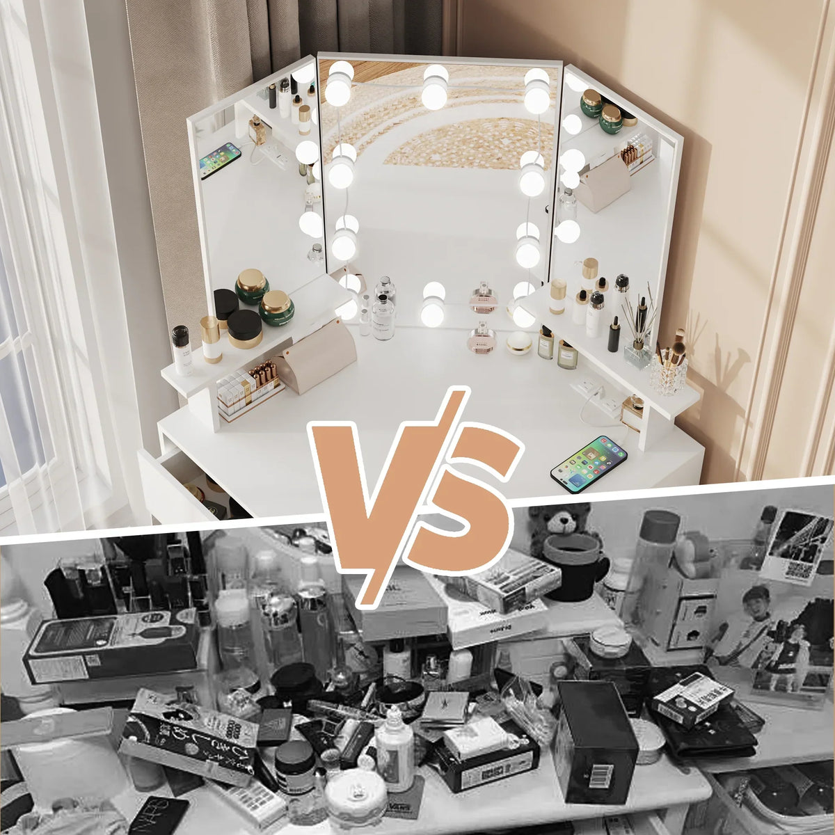 Nouveauté 2026 – Coiffeuse d'angle en placage bois blanc avec miroir et lumière, table de maquillage avec 4 tiroirs et station de recharge pour chambre à coucher