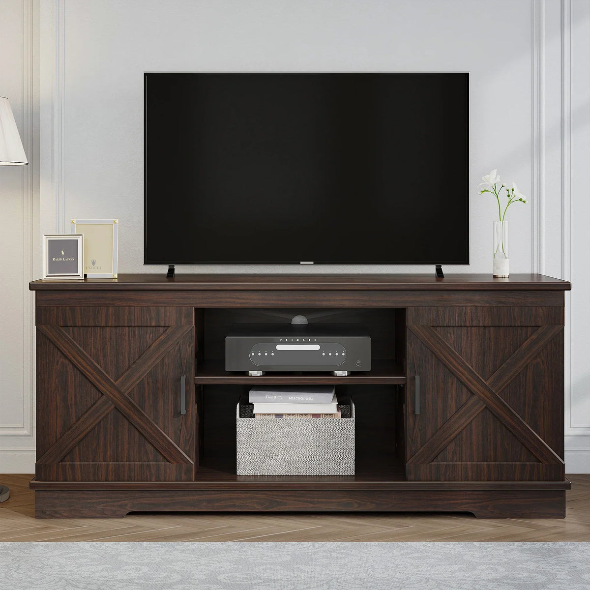 Nouveauté 2026 – Meuble TV Dextrus Farmhouse pour téléviseur 65 pouces, centre multimédia pour salon, meuble console TV, gris délavé