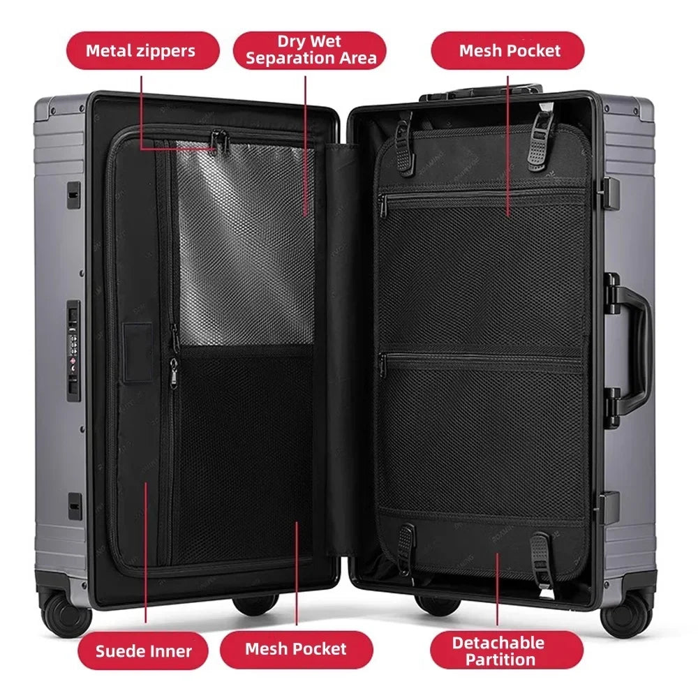 Nouveauté 2026 – Valise rigide en aluminium , approuvée par les compagnies aériennes, sans fermeture éclair, avec roulettes multidirectionnelles, idéale pour les voyages d'affaires et de loisirs