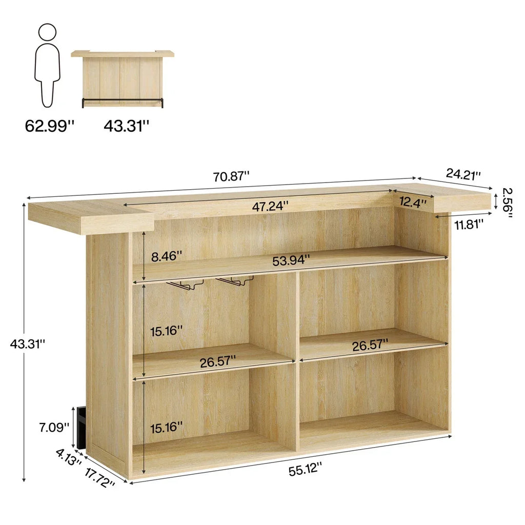 Nouveauté 2026 – Table de bar à 4 niveaux Tribesigns , grand meuble bar de 180 cm avec porte-verres à vin et repose-pieds noir, pour cuisine, salle à manger, salon, pub, marron rustique