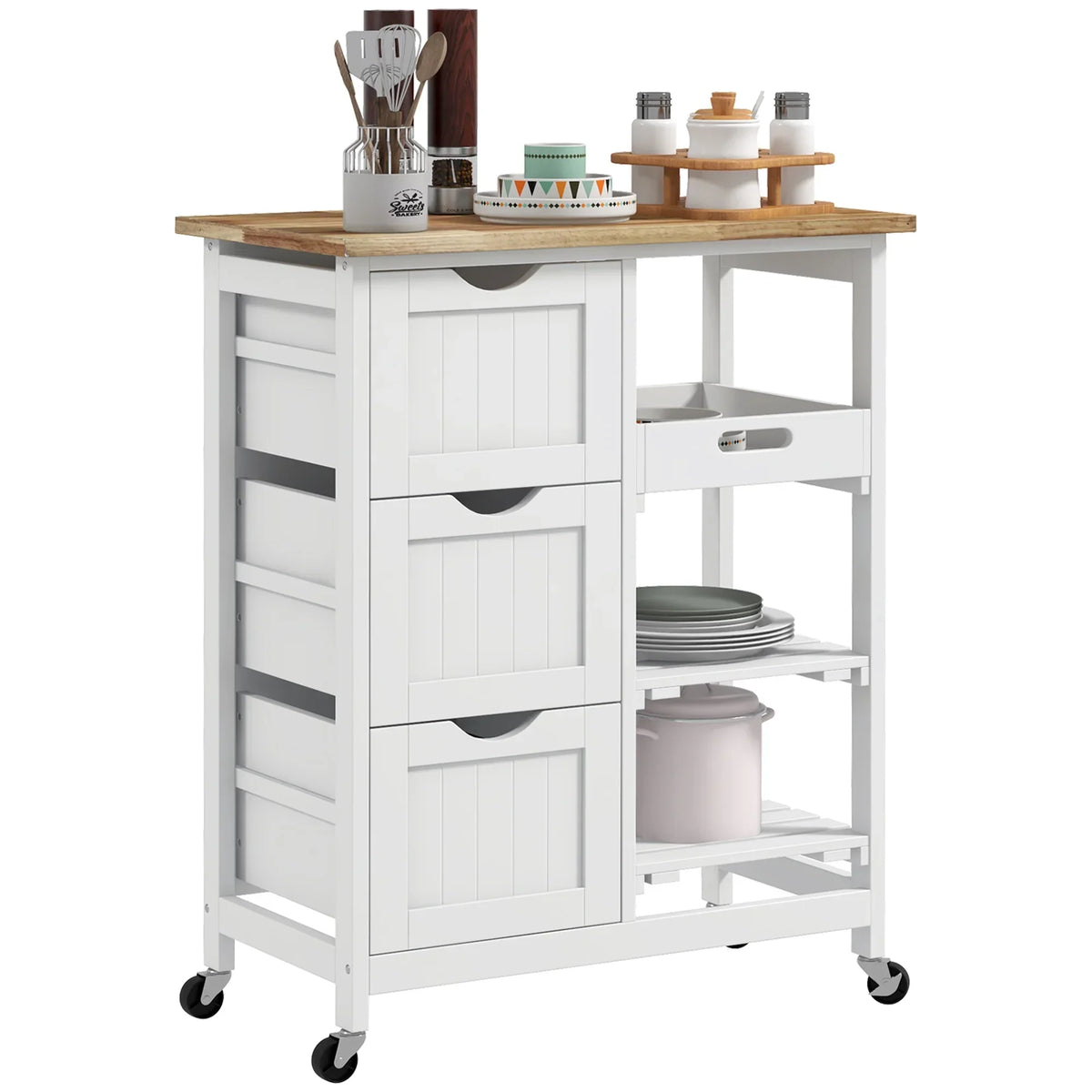 Nouveauté 2026 – Îlot de cuisine roulant HOMCOM , chariot de service de bar, chariot compact sur roulettes avec plateau en bois, étagères et tiroirs pour salle à manger, gris