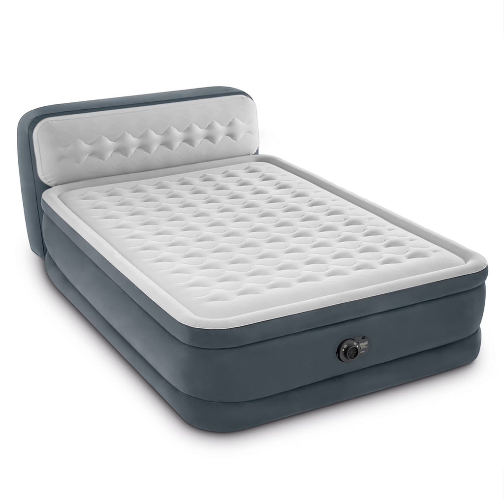 Nouveauté 2026 – D'Intex : Dura-Beam Deluxe : Matelas gonflable avec tête de lit ultra moelleuse - Queen - Gris, matelas gonflable de 45 cm, pompe intégrée, technologie Fiber-Tech, sac de transport, capacité de charge de 272 kg (64447ED