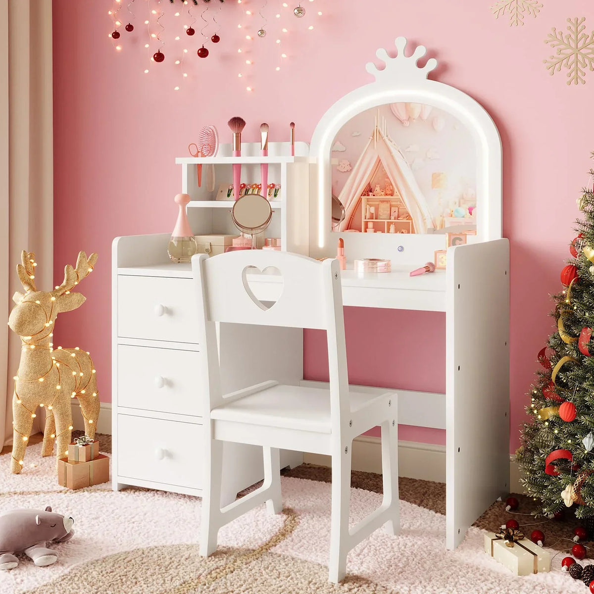 Nouveauté 2026 – Ensemble coiffeuse Yeshouse Princess pour filles avec rangement et éclairage
