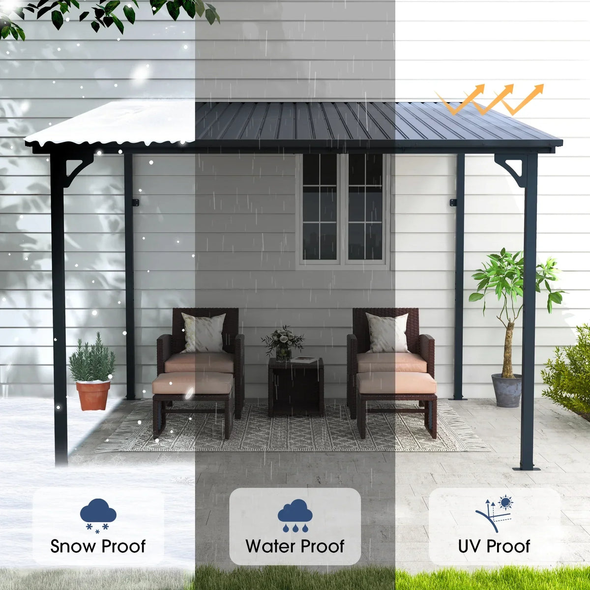 Nouveauté 2026 – Pergola extérieure neuve de 2,44 m x 3,05 m, tonnelle adossée, pergola métallique robuste avec toit rigide, idéale pour patio, jardin, terrasse ou piscine