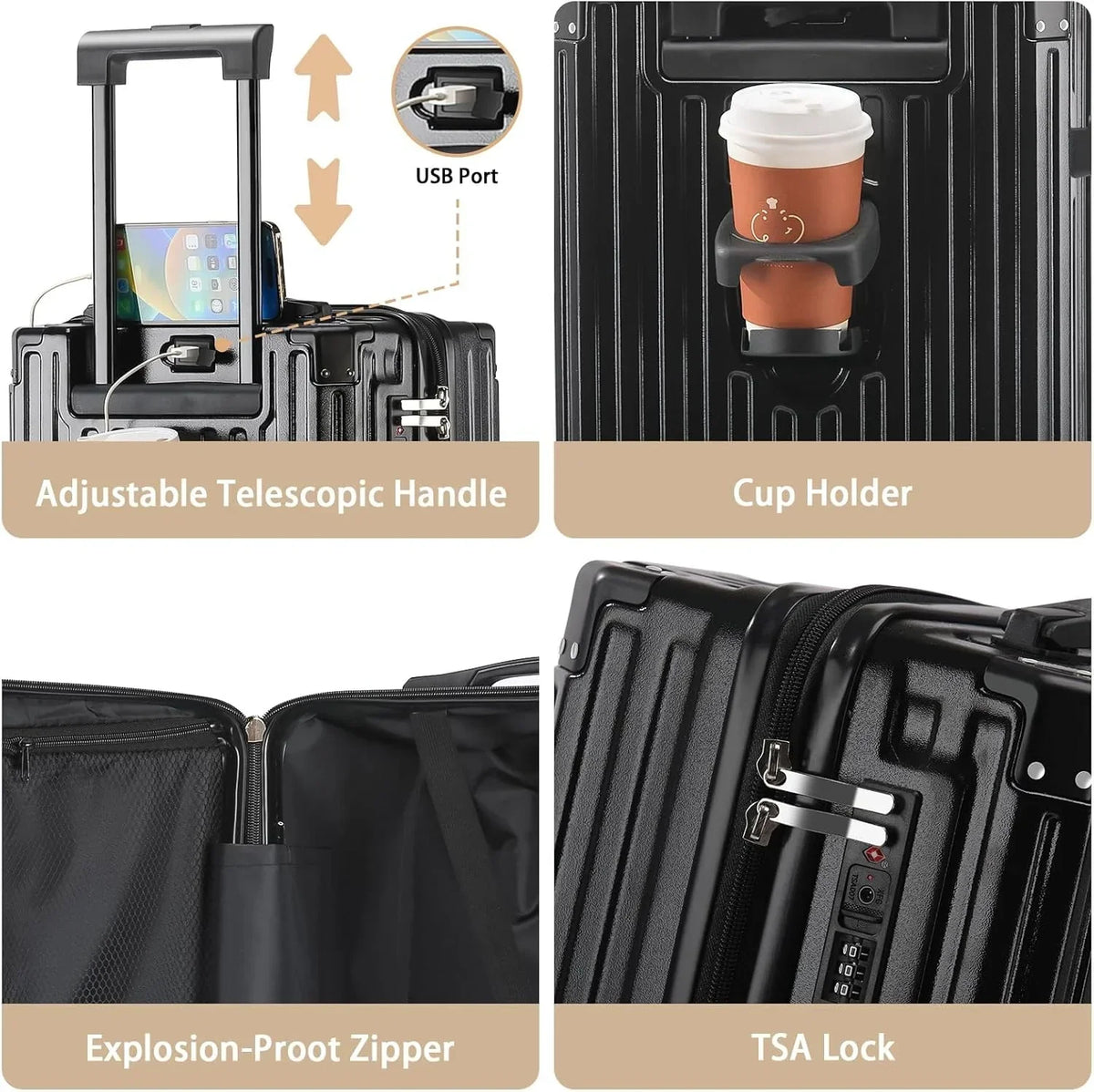 Nouveauté 2026 – Valise cabine 20 de 51 cm (20 pouces) avec porte-gobelet et port USB, approuvée par les compagnies aériennes et verrouillable TSA, légère, en polycarbonate, avec roulettes pivotantes à 360°