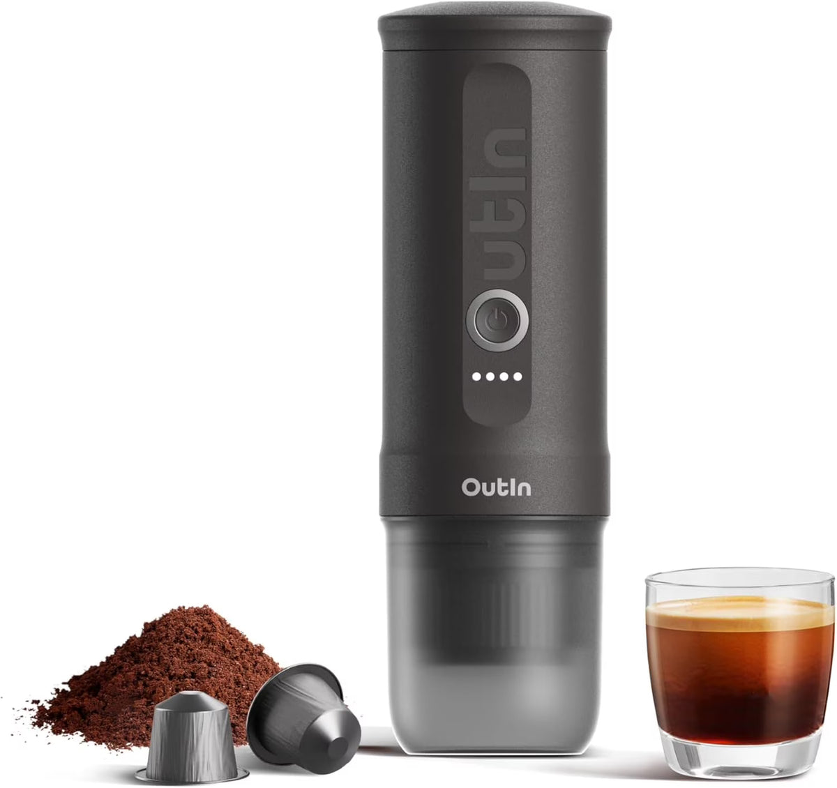 Nouveauté 2026 – Machine à expresso électrique portable OutIn Nano , cafetière de voyage idéale pour le camping et la voiture. Auto-chauffante avec port USB-C, elle fonctionne avec du café moulu et des capsules NS. Parfaite pour les camping-cars, la