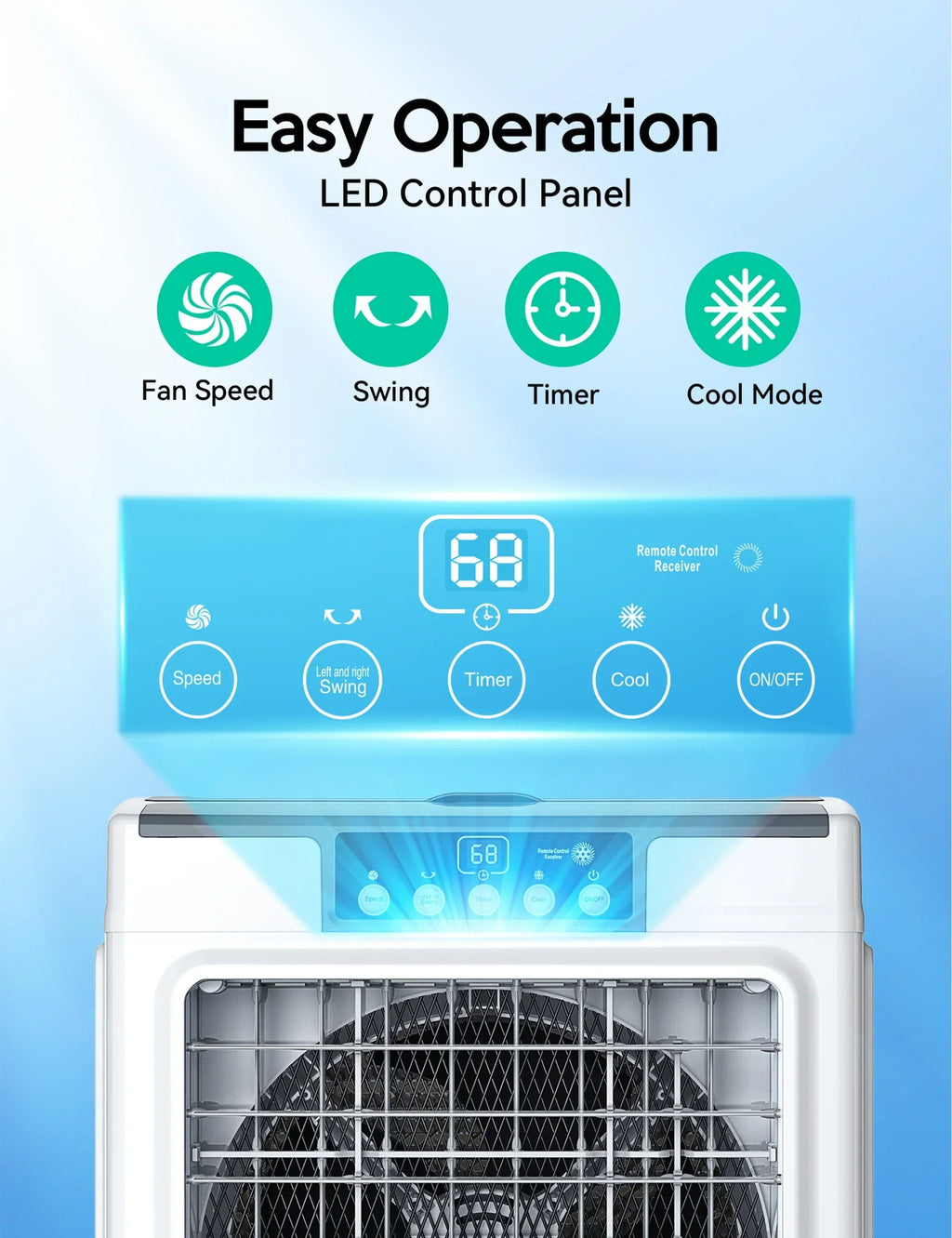 Nouveauté 2026 – Refroidisseur évaporatif E , 2100 CFM, refroidisseur d'air à oscillation de 120 pouces avec télécommande, minuterie 24 h, 3 vitesses de ventilation pour une utilisation intérieure et extérieure, 7,9 gallons