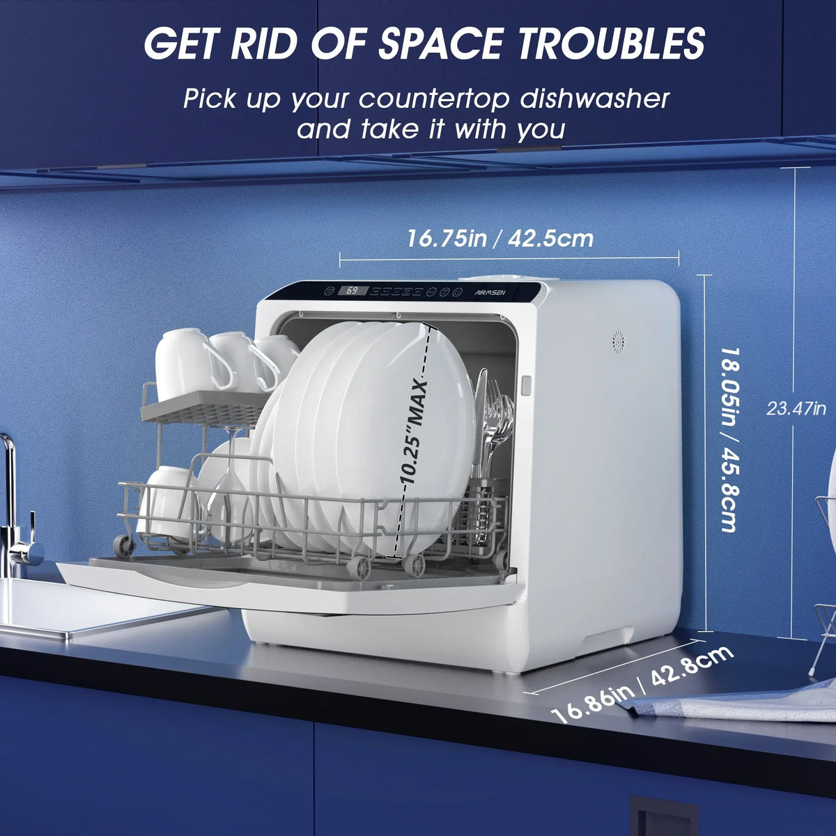 Nouveauté 2026 – Lave-vaisselle portable de comptoir AIRMSEN avec réservoir d'eau intégré de 5 litres et fonction de séchage à l'air, 5 programmes de lavage, mini lave-vaisselle, AE-TDQR03