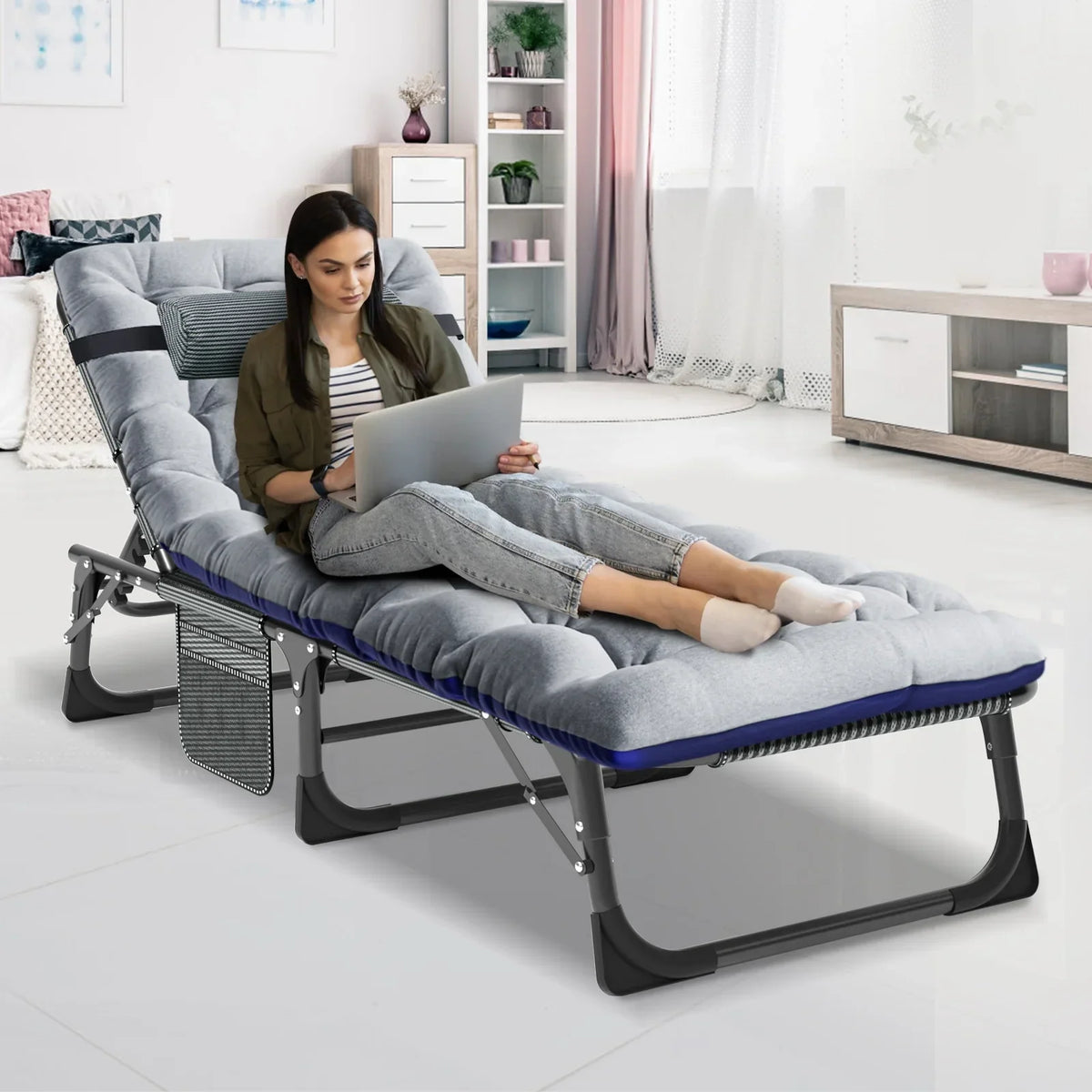 Nouveauté 2026 – Chaise longue MOPHOTO avec matelas, supportant jusqu'à 200 kg, lit de camp portable et robuste, réglable, idéal pour le camping, la piscine, la plage et la terrasse