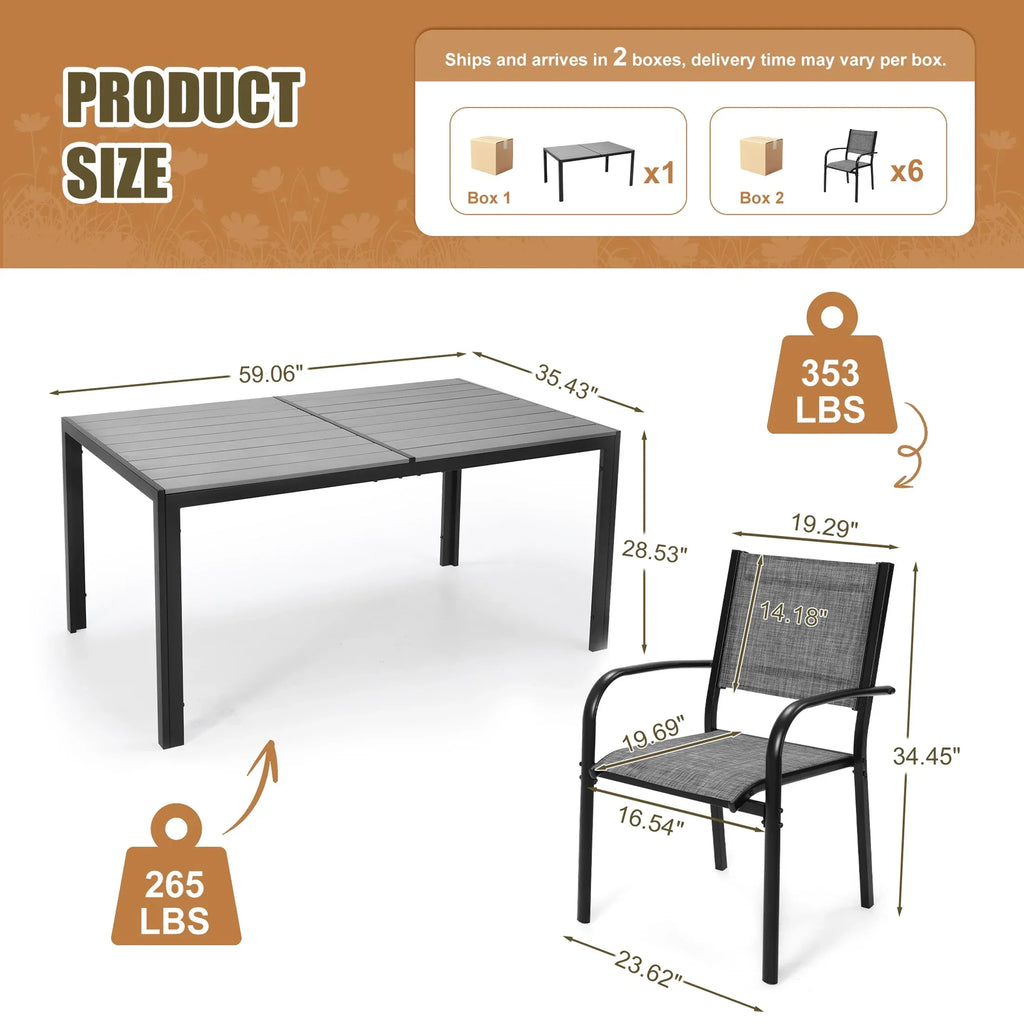 Nouveauté 2026 – Ensemble de salle à manger d'extérieur 7 pièces , comprenant une table et des chaises pour 6 personnes, un plateau en plastique imitation bois et un mobilier de jardin en textilène. Idéal pour terrasse ou patio