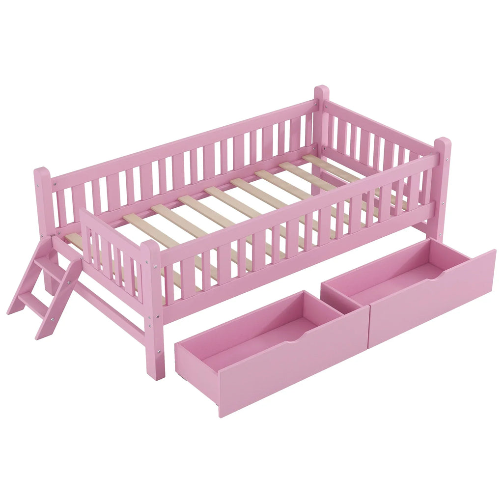 Nouveauté 2026 – Lit plateforme Euroco en bois, taille simple, avec 2 tiroirs et échelle, pour enfants et tout-petits, blanc