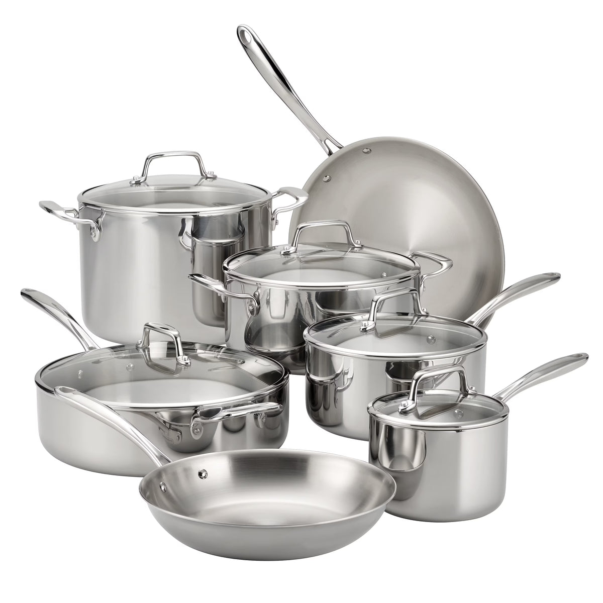 Nouveauté 2026 – Ensemble de 14 pièces de batterie de cuisine Tramontina en acier inoxydable triple couche avec couvercles en verre