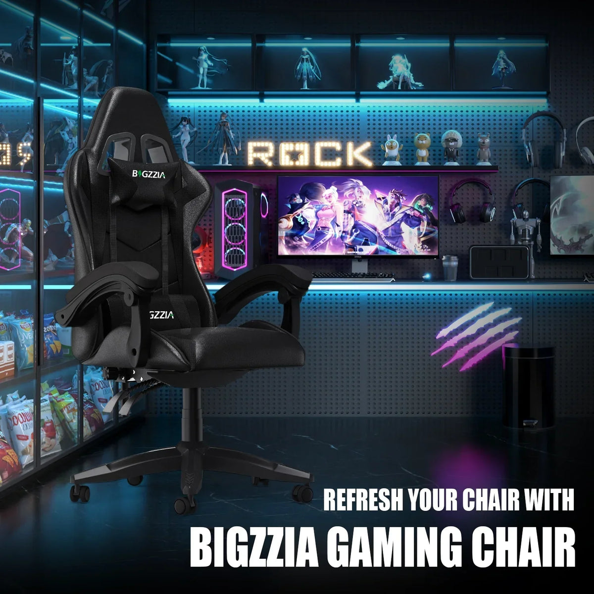 Nouveauté 2026 – Chaise de jeu Bigzzia , chaise de bureau ergonomique avec appui-tête et soutien lombaire réglables en hauteur, pour adultes et adolescents, noir et blanc