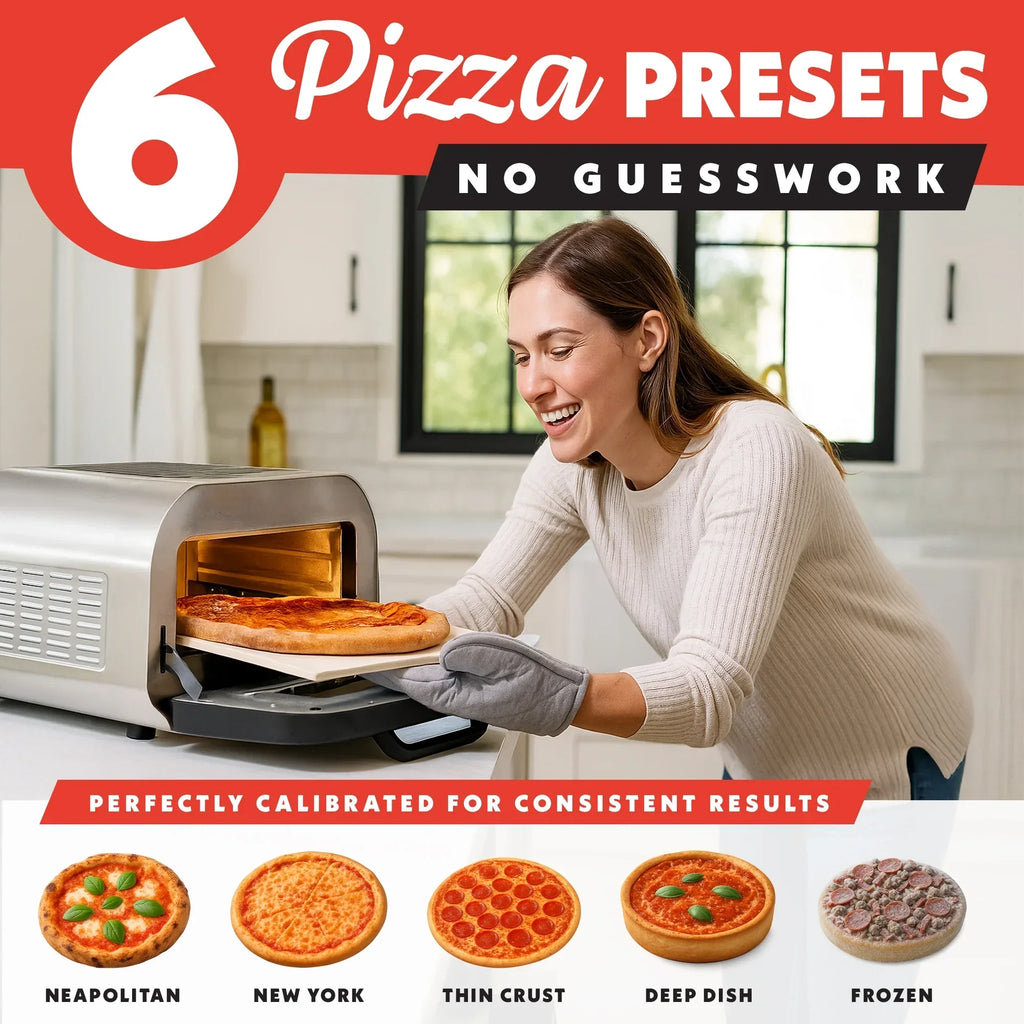 Nouveauté 2026 – Four à pizza d'intérieur Gourmia - Tout-en-un avec 7 fonctions de cuisson, 6 programmes pizza prédéfinis, acier inoxydable