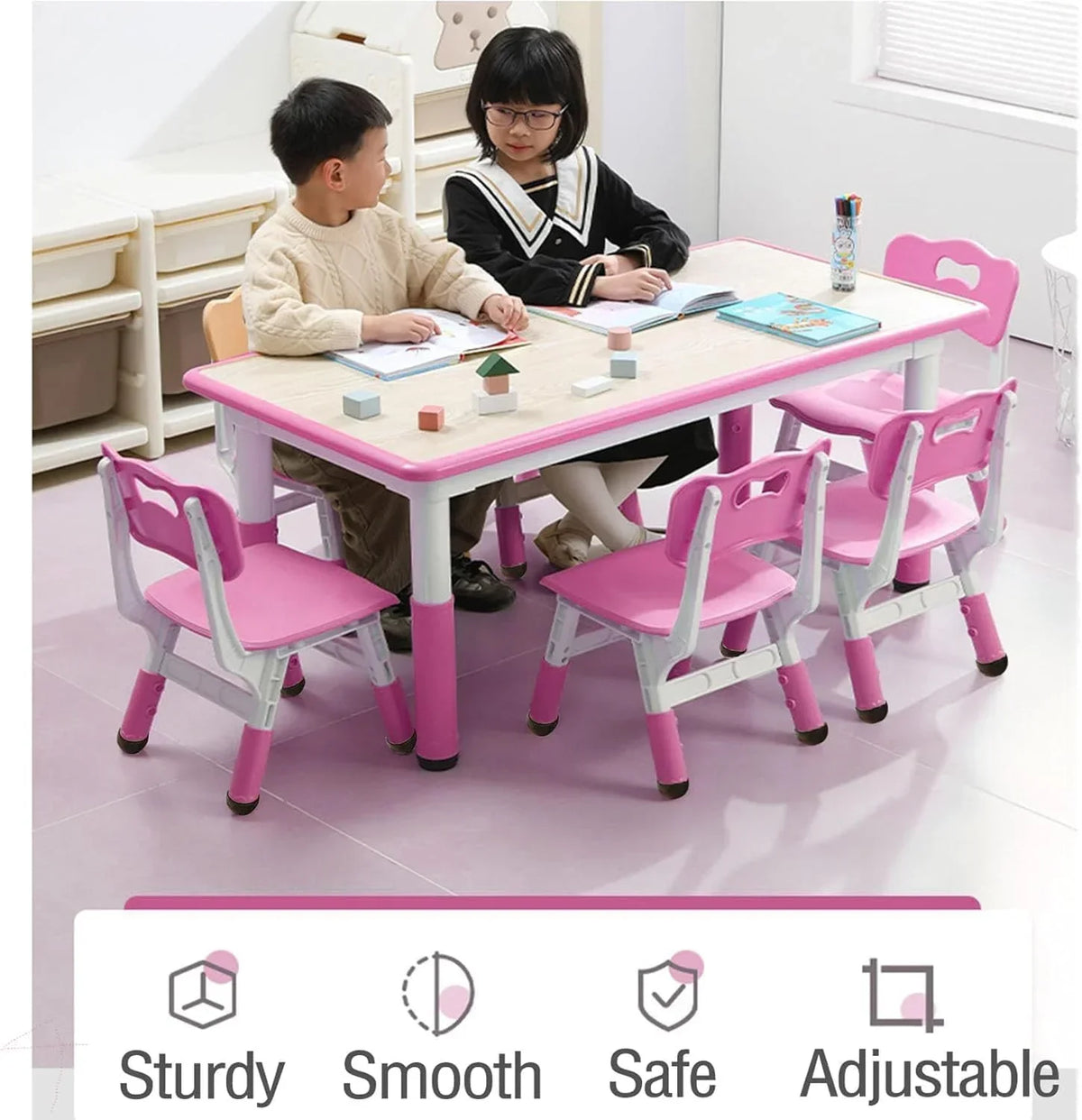 Nouveauté 2026 – Ensemble table et chaises pour enfants TROPOW , table réglable en hauteur pour tout-petits et 6 chaises, table multi-activités avec plateau à motifs graffiti et pieds antidérapants pour les enfants de 2 à 10 ans, idéale pour les gard