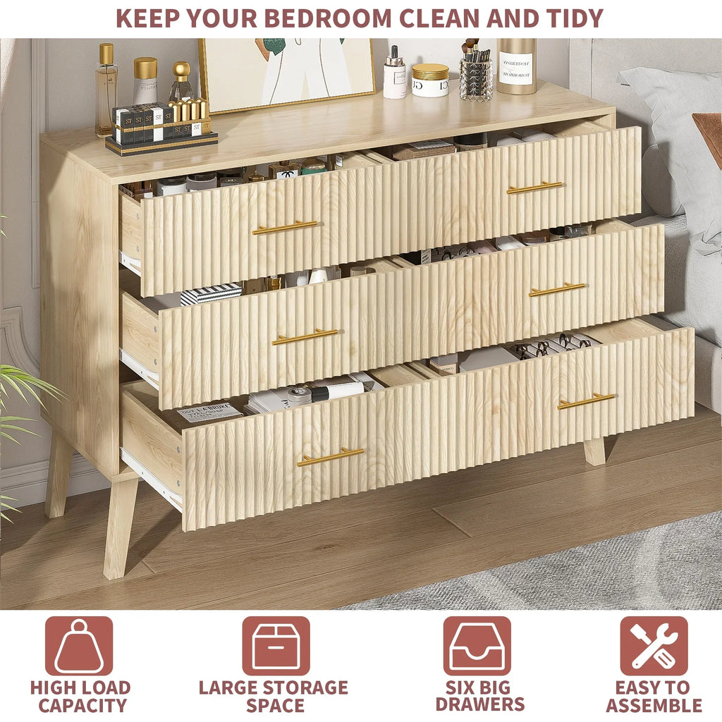 Nouveauté 2026 – Commode à 6 tiroirs Fluted , commode moderne large, commode double à 6 tiroirs