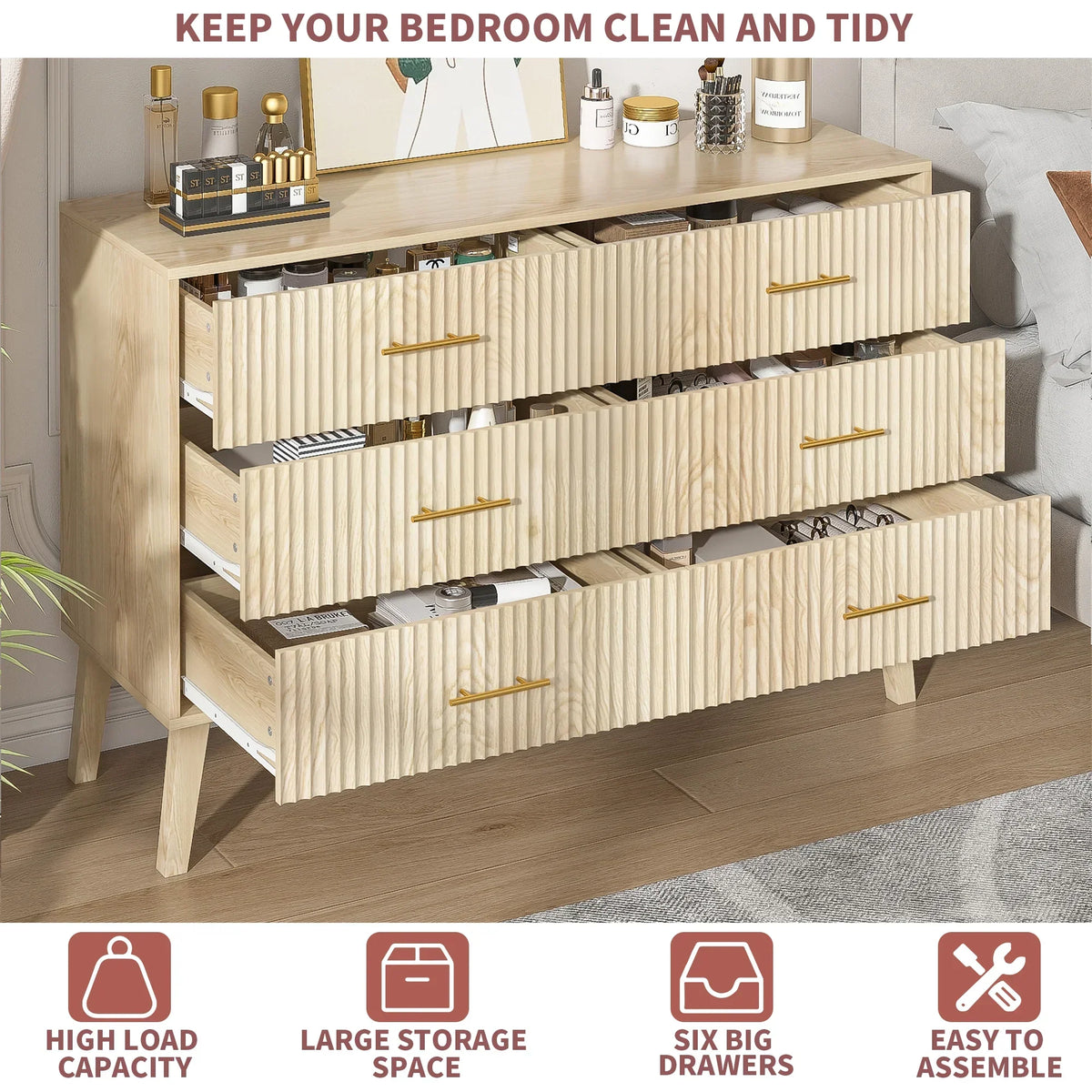 Nouveauté 2026 – Commode à 6 tiroirs Fluted , commode moderne large, commode double à 6 tiroirs