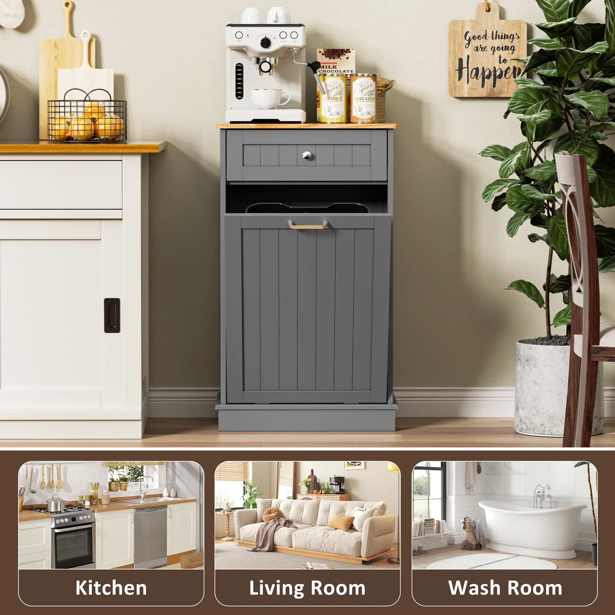 Nouveauté 2026 – Meuble poubelle basculant HARIPUL pour bac à déchets de 49 litres (13 gallons), meuble poubelle de cuisine autoportant avec tiroirs, blanc
