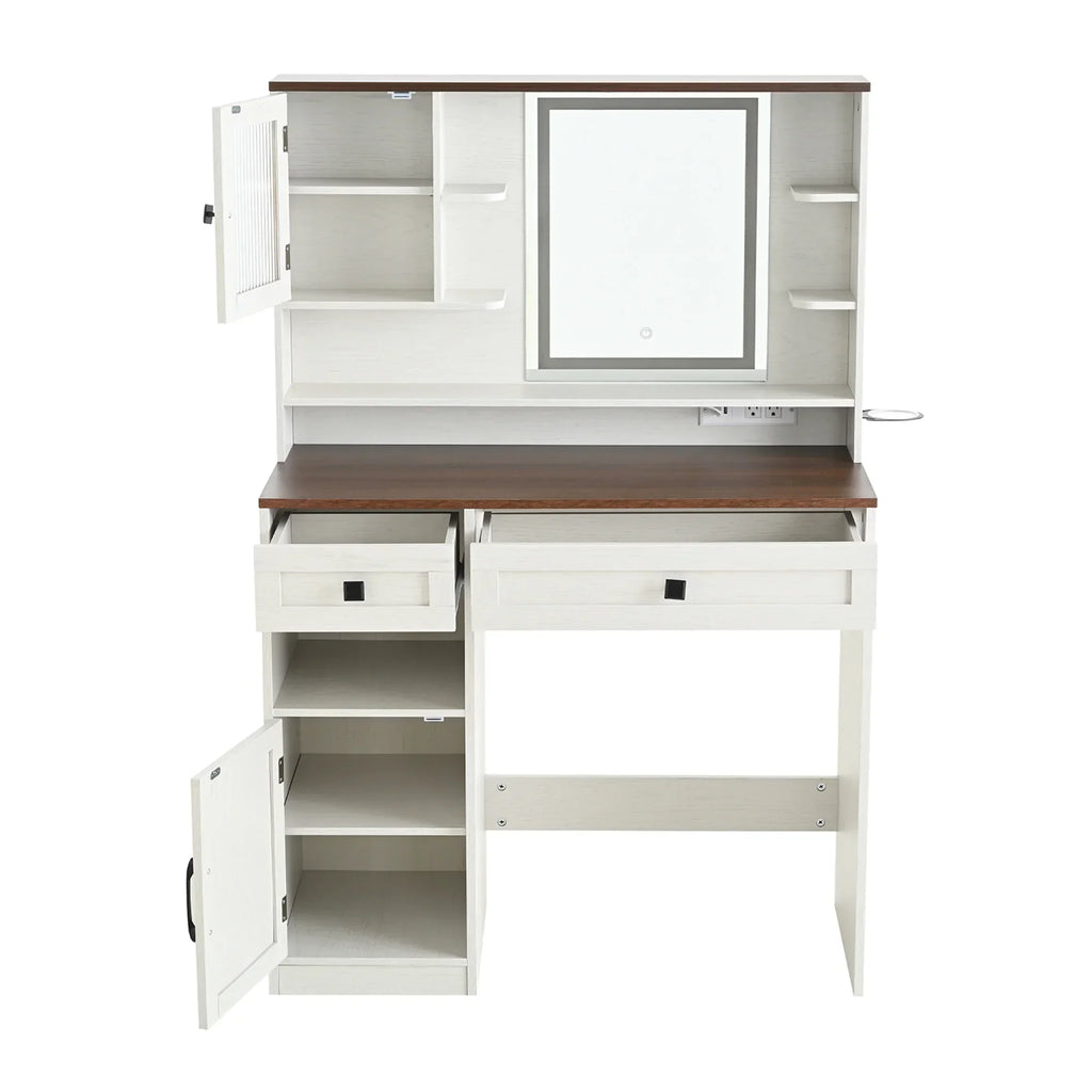 Nouveauté 2026 – Coiffeuse Farmhouse avec miroir et éclairage, ensemble coiffeuse avec station de charge et tabouret, tiroirs, étagères et armoire latérale, blanc
