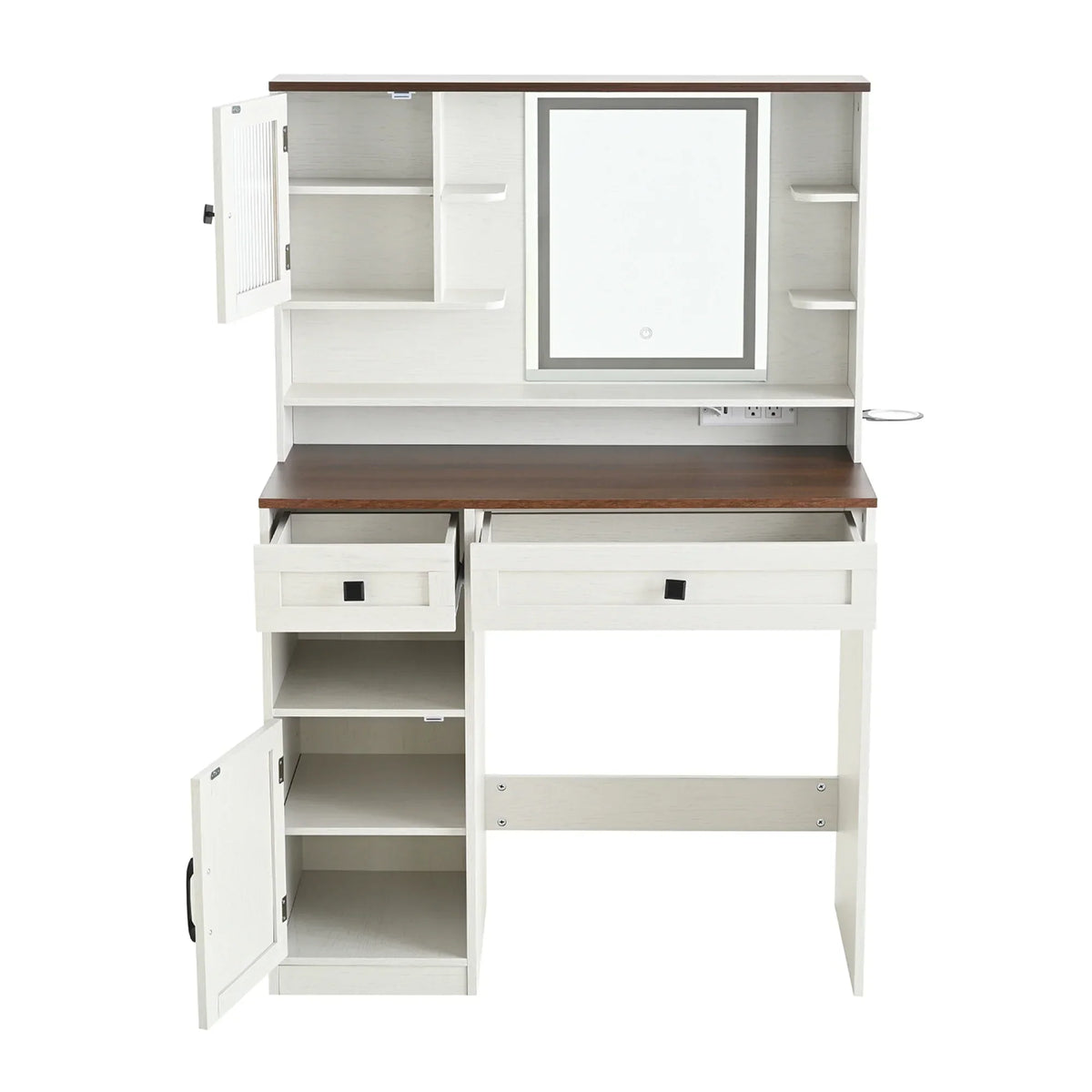 Nouveauté 2026 – Coiffeuse Farmhouse avec miroir et éclairage, ensemble coiffeuse avec station de charge et tabouret, tiroirs, étagères et armoire latérale, blanc