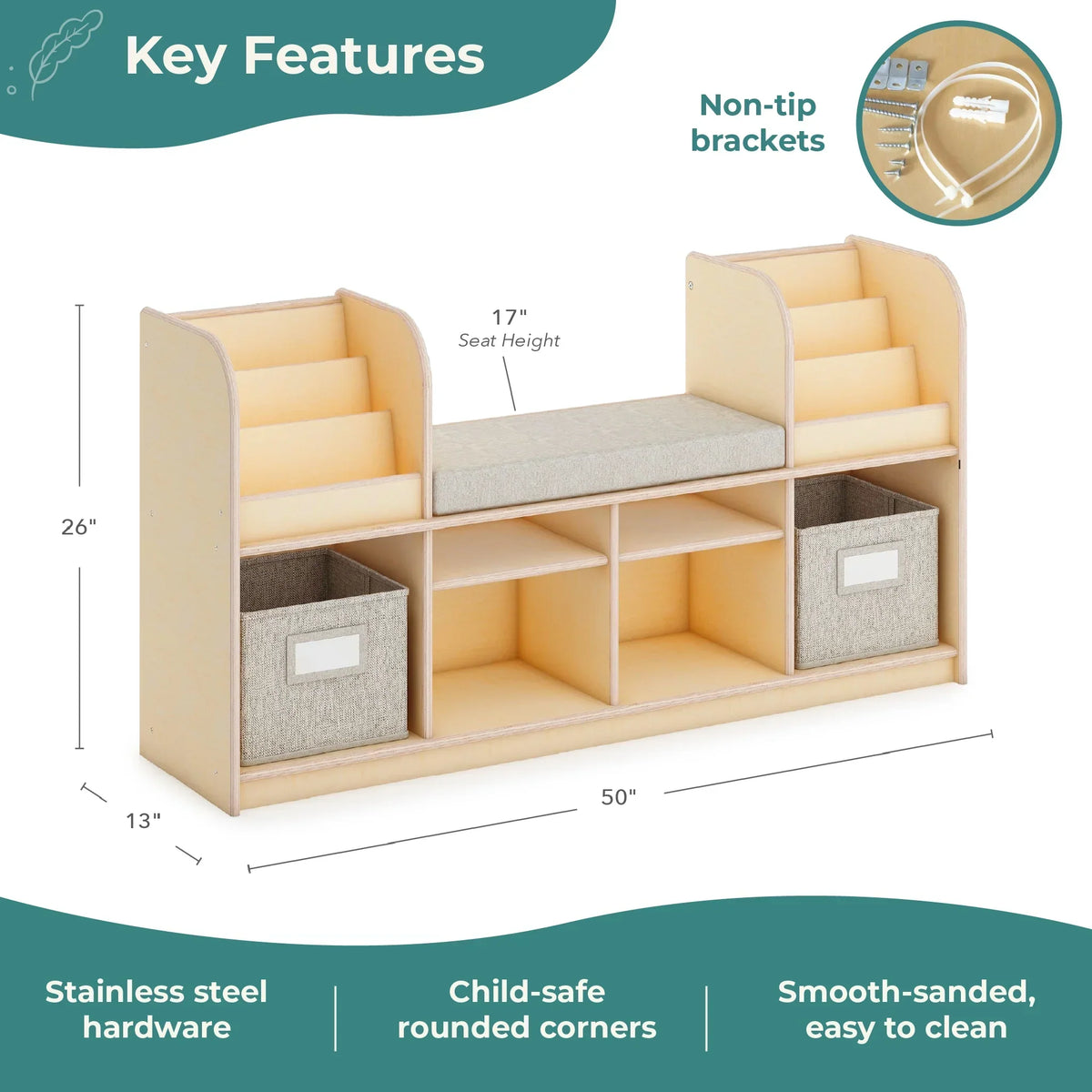 Nouveauté 2026 – Coin lecture EdQ de Guidecraft - Naturel : Banc de lecture en bois pour chambre d'enfant, étagère à livres, rangement pour jouets et cubes de rangement