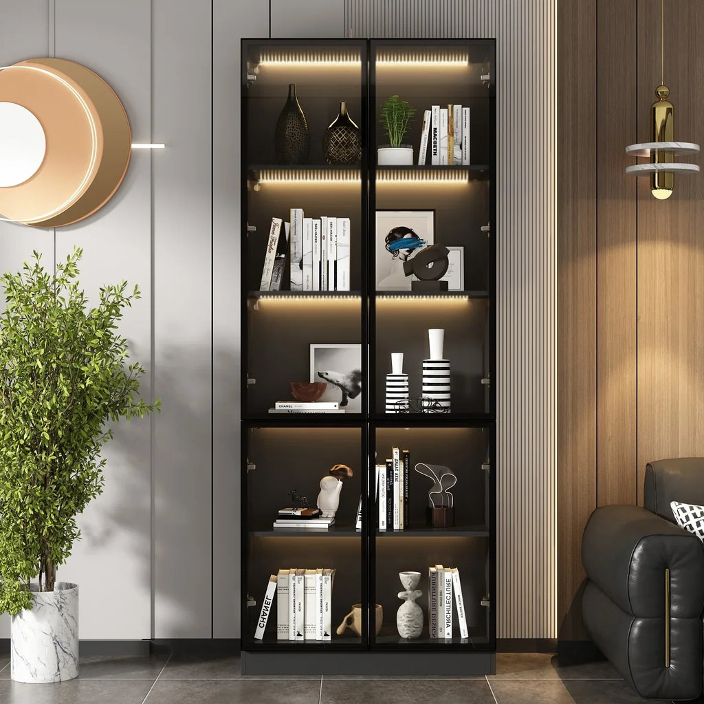 Nouveauté 2026 – Bibliothèque/organisateur KULAGAGA avec éclairage LED, vitrine robuste avec porte vitrée pour salon, 80 cm de large