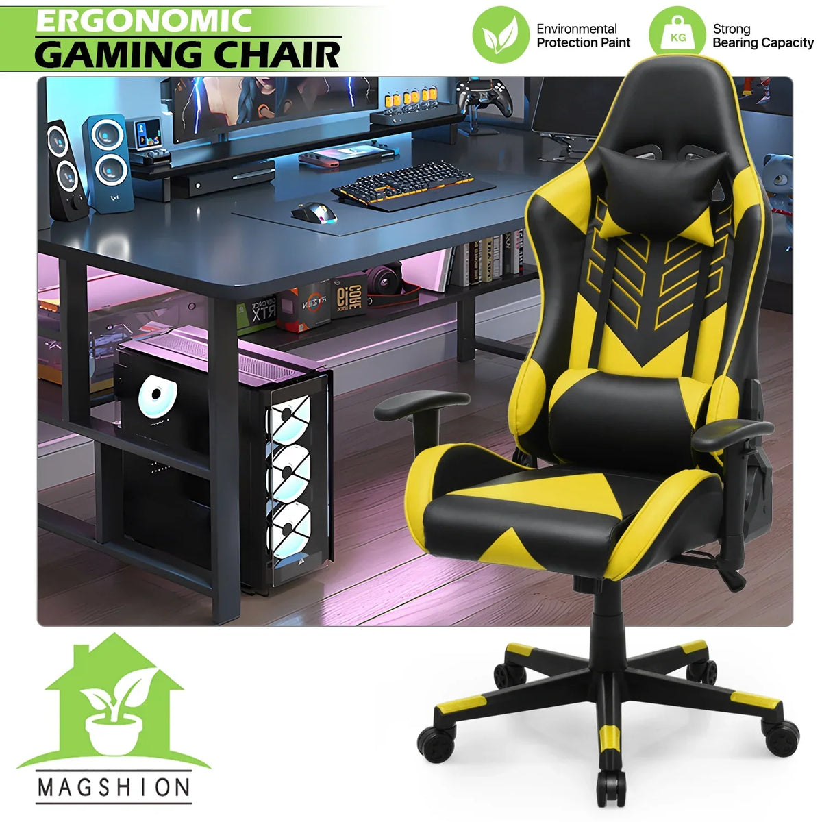 Nouveauté 2026 – Chaise de jeu ergonomique Magshion , chaise de jeu confortable, chaise de bureau en cuir, chaise de jeu pivotante et réglable, bleue